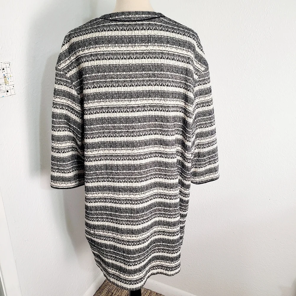 Anne Klein Black,Gray,White Striped Tweed Long Jacket, Black Trim, Size XL - Picture 9 of 12